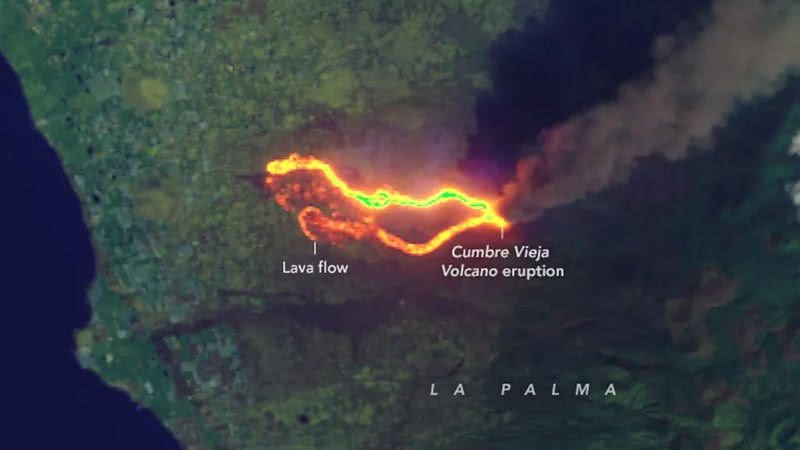 Satélite registra rastro de lava no dia 26 de setembro - Divulgação/Landsat 8/Earth Observatory/Nasa