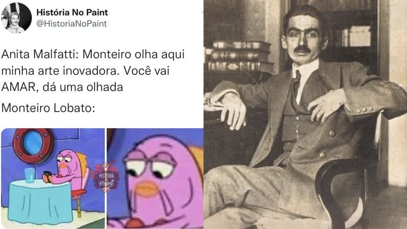 Um dos memes (à esqu.) e Monteiro Lobato (à dir.) - Divulgação/Twitter e Domínio Público