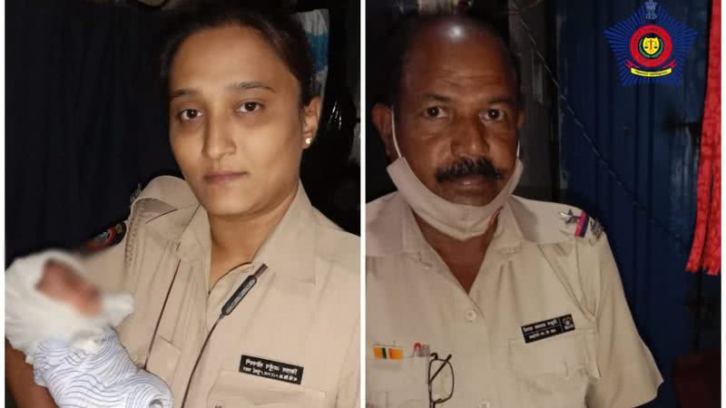 Oficiais de polícia segurando a bebê encontrada - Reprodução / Twitter (Mumbai Police)