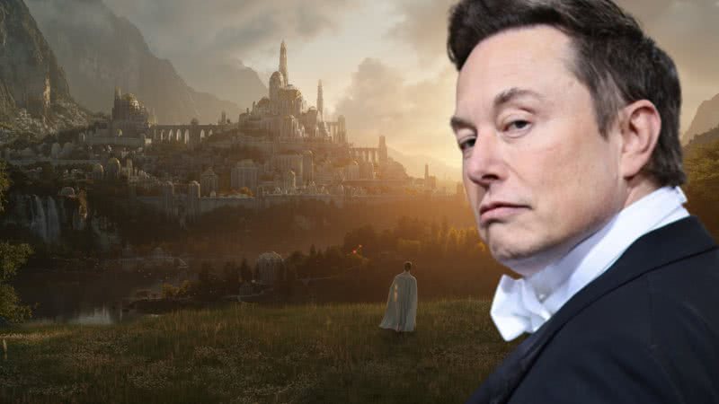 Imagem de divulgação de 'O Senhor dos Anéis: Os Anéis do Poder' e Elon Musk - Getty Images e Divulgação/Prime Video