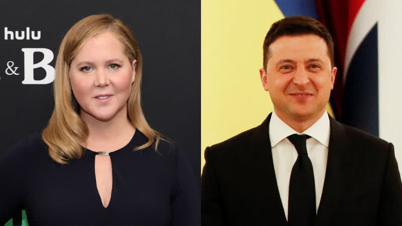 Amy Schumer (à esqu.) e Volodymyr Zelensky (à dir.) - Getty Images