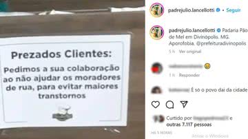 Postagem do Padre Júlio Lancellotti que mostra a placa colocada na padaria, em Minas Gerais - Reprodução/Instagram/PadreJulioLancelotti