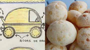 À esquerda, projeto do carro da equipe mineira e à direita, imagem ilustrativa de pão de queijo - Reprodução/Redbull e foto de craveiro6, via Pixabay