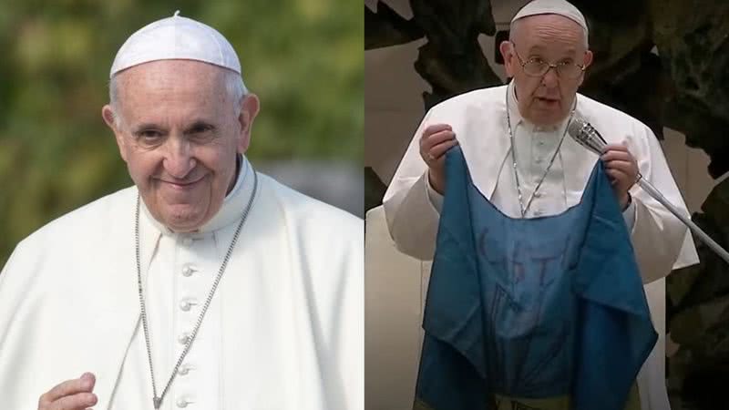 Montagem com fotografia de Papa e trecho de vídeo dele segurando bandeira ucraniana nesta quarta-feira, 6 - Getty Images/ Divulgação/ Youtube/ Bloomberg Quicktake: Now