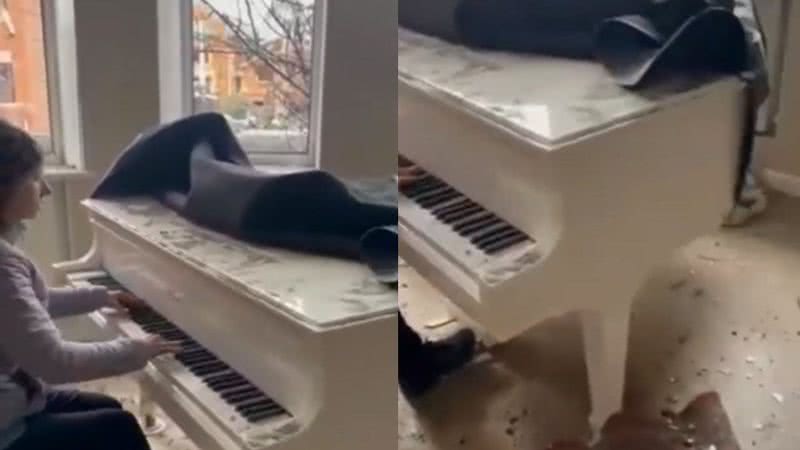 Irina Maniukina tocando piano em sua casa destruída - Divulgação/Twitter