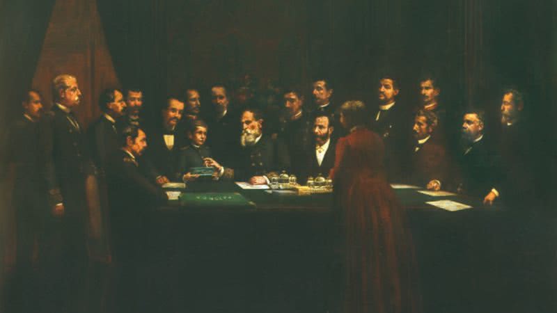 "Ato de assinatura do Projeto da 1ª Constituição", pintura de 1890 por Gustavo Hastoy danificada nos ataques golpistas de 8 de janeiro - Creative Commons/Acervo Museu do Senado