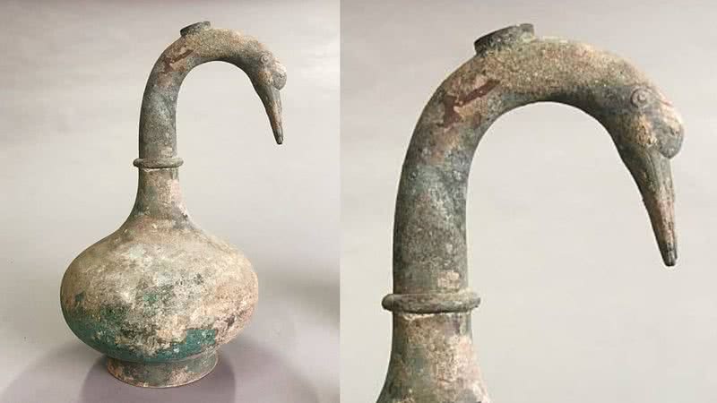 Foto do pote de bronze e detalhe do cisne esculpido - Divulgação/Instituto de Relíquias Culturais e Arqueologia de Sanmenxia