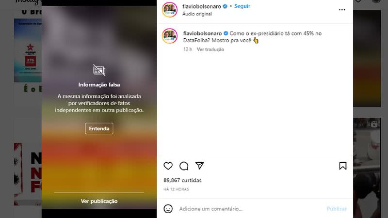 Post de Flávio Bolsonaro marcado como fake news - Reprodução/Redes Sociais