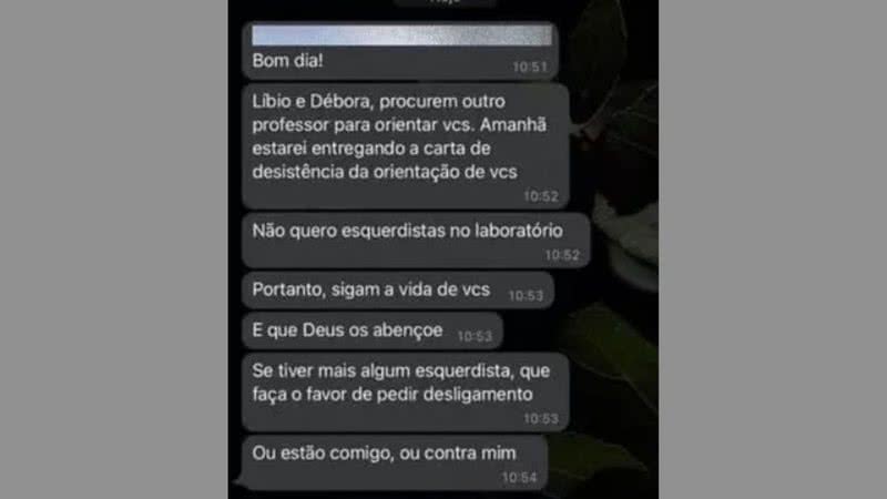 Print de mensagem da professora bolsonarista em grupo do WhatsApp da Universidade - Reprodução/Instagram:@uneoficial