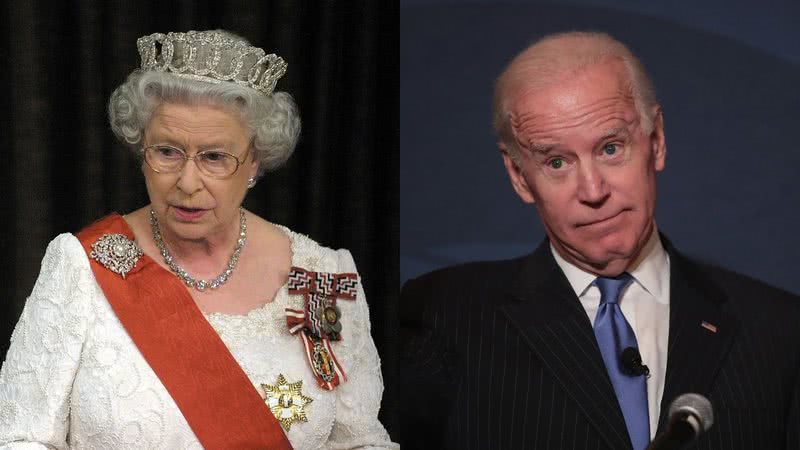 Rainha Elizabeth II em evento oficial (esq.) e Joe Biden durante discurso (esq.) - Getty Images