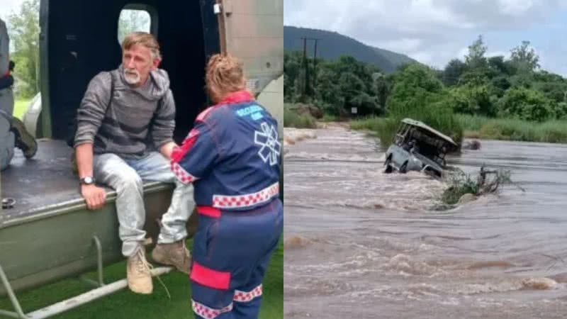 Mike Turner após o resgate (esq.) e seu veículo parcialmente submerso no rio Komati (dir.) - Divulgação/Força Nacional de Defesa da África do Sul/Pottie Potgieter