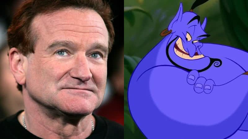 Robin William e seu personagem, Gênio da Lâmpada, de Alladin (1992) - Getty Images e Divulgação/Walt Disney Pictures