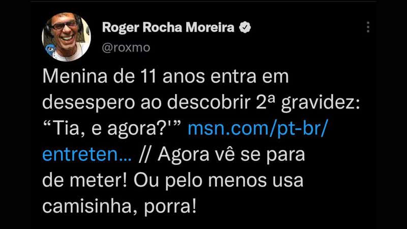 Tweet polêmico de Roger Moreira - Reprodução / Redes socais