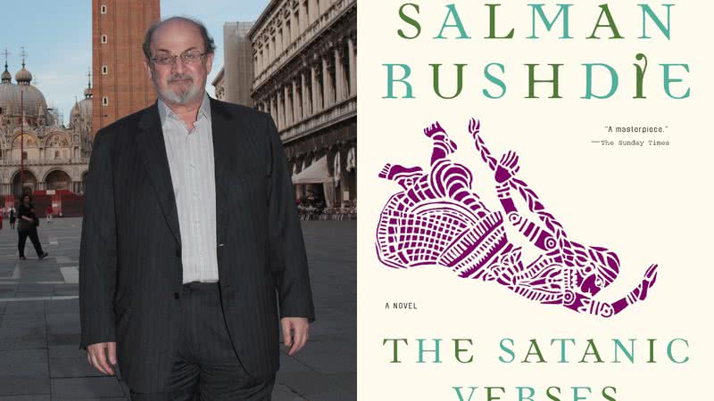 Salman Rushdie e a capa da obra 'Versos Satânicos' - Getty Images e Divulgação