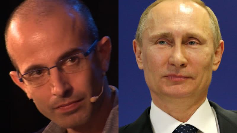 Yuval Noah Harari (à esqu.) e Putin (à dir.) - Divulgação/Vídeo/Youtube/Intelligence Squared e Getty Images