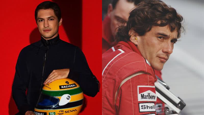 Ator Gabriel Leone em imagem de divulgação da série da Netflix (esq.) e o piloto brasileiro Ayrton Senna (dir.) - Reprodução/Instagram/GettyImages