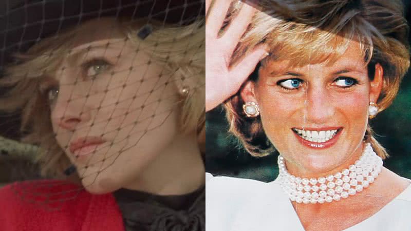 Kristen como Diana (à esqu.) e Diana (à dir.) - Divulgação/Vídeo e Getty Images