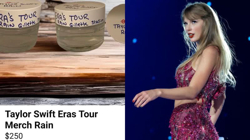 Anúncio da venda da água de show da cantora Taylor Swift - Reprodução/Internet e Getty Images