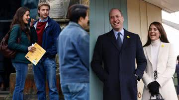 Meg Bellamy (Kate) e Ed McVey (William) durante filmagens da 6ª temporada de 'The Crown' à esquerda e príncipe William e Kate à direita - Getty Images