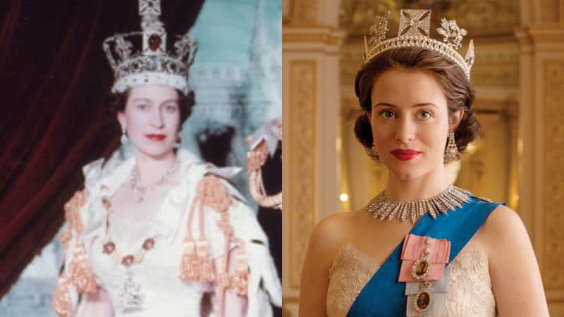 Rainha Elizabeth II na juventude e Claire Foy como a monarca em "The Crown" - Wikimedia Commons/Cecil Beaton / Divulgação/Netflix