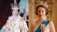 Rainha Elizabeth II na juventude e Claire Foy como a monarca em "The Crown" - Wikimedia Commons/Cecil Beaton / Divulgação/Netflix