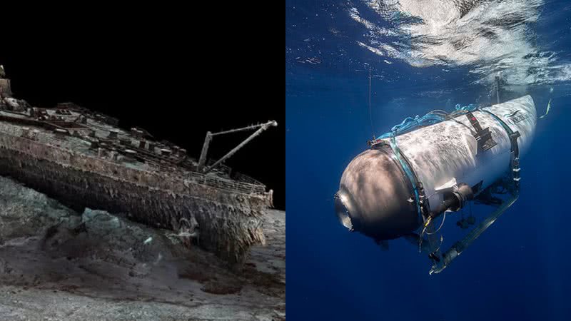 Registro dos destroços do Titanic em varredura e foto do submarino - ATLANTIC PRODUCTIONS/MAGELLAN e Divulgação/Oceangate Expeditions