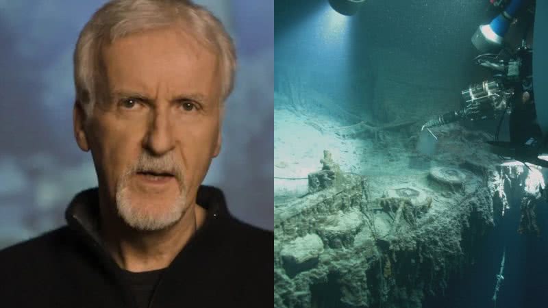 James Cameron (à esqu.) e registro dos destroços do Titanic (à dir.) - Reprodução/Vídeo e Divulgação