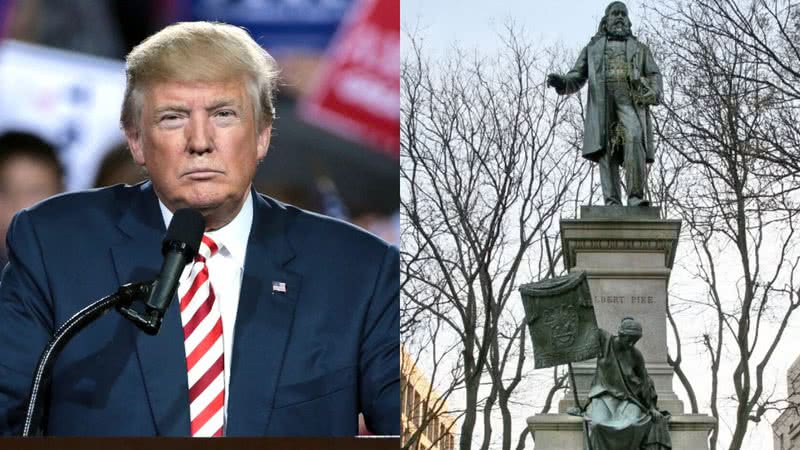 Donald Trump e estátua de Albert Pike - Wikimedia Commons/Montagem Divulgação