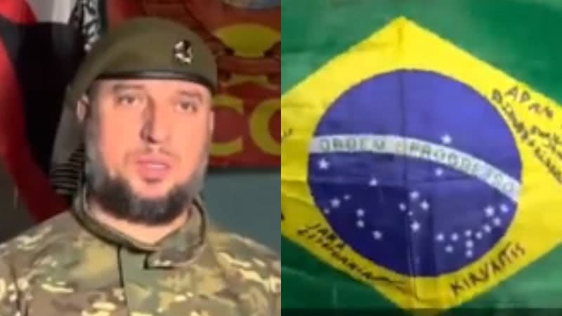 Registro do possível combatente checheno com a bandeira do Brasil - Divulgação/Vídeo/Twitter