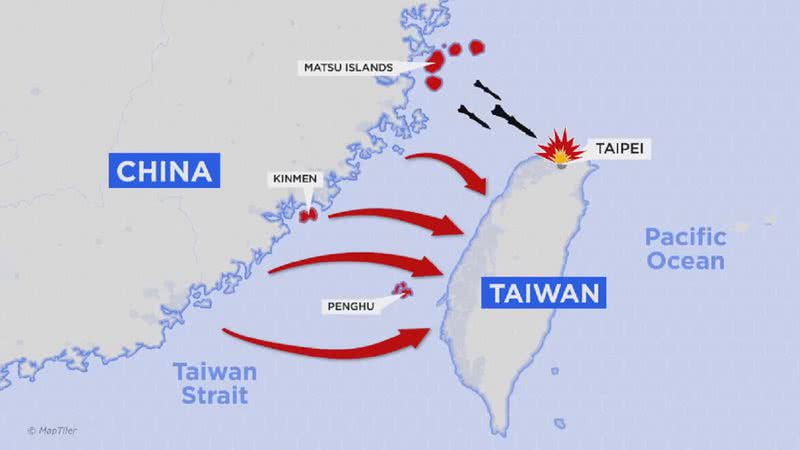 Simulação de conflito entre China e EUA - Divulgação/YouTube/NBC News