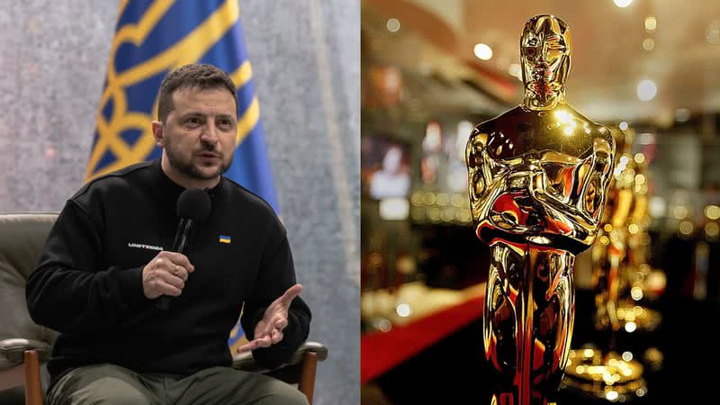 Montagem do presidente ucraniano, Volodymyr Zelensky, ao lado de uma estatueta do Oscar - Roman Pilipey/Getty Images (esq.) e Carlo Allegri/Getty Images (dir.)