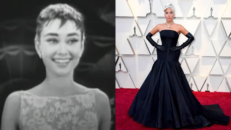 Respectivamente: Audrey Hepburn em 1954 e Lady Gaga em 2019 - Divulgação / Youtube / Oscars / Getty Images