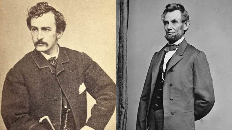 Joh Wilkes Booth (à esq.) em montagem com Abraham Lincoln (à dir.) - Wikimedia Commons