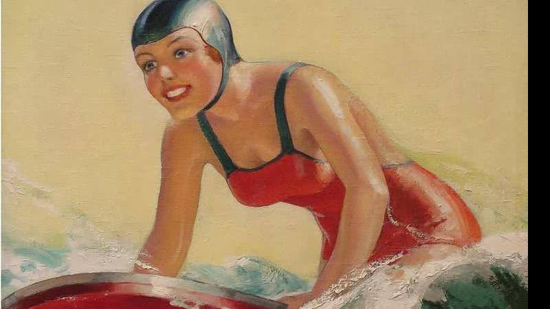 Garota surfando em quadro de 1935 - William Fulton Soare