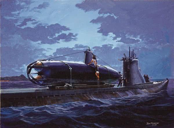 Minissubmarino Tipo A Ko-hyoteki, como o que começou a guerra, se preparando para ser lançado de um navio maior - Tom W. Freeman | Valor in the Pacific National Historical Park