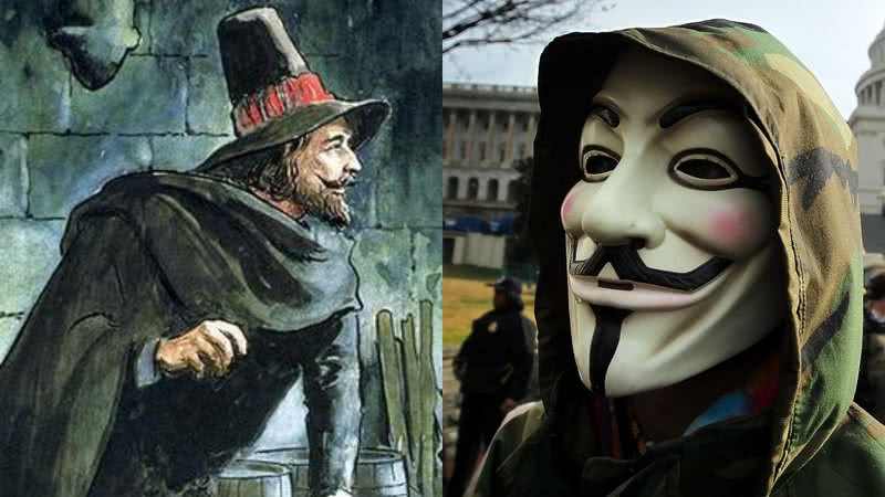 Ilustração representando Guy Fawkes e a famosa máscara - Domínio Público, via Wikimedia Commons e Getty Images