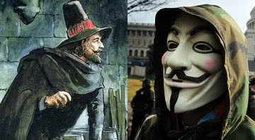 Ilustração representando Guy Fawkes e a famosa máscara - Domínio Público, via Wikimedia Commons e Getty Images