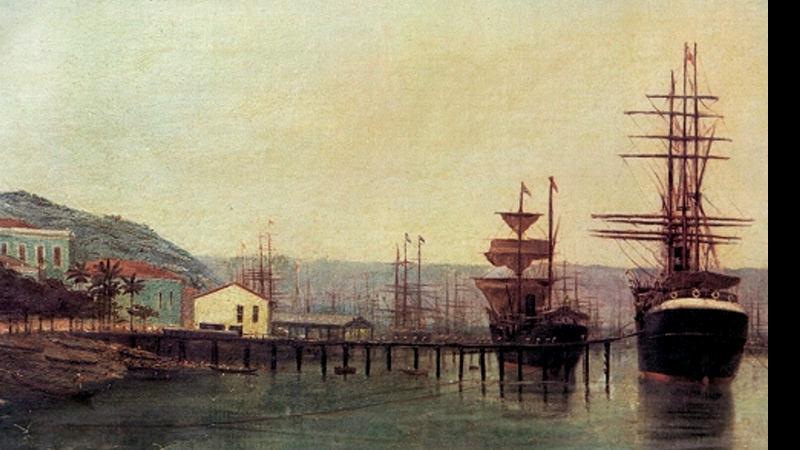 Porto de Santos em 1888, por Benedito Calixto - Domínio Público