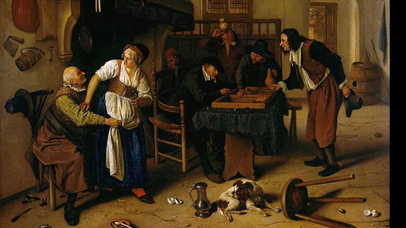 Pintura de pessoas se hospedando em uma caverna, por Jan Steen, 1660 - Domínio Público