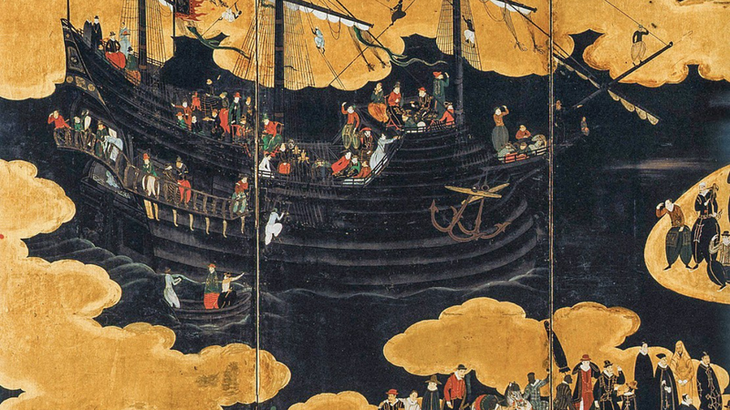 Pintura em biombo feita por Kano Naizen retrata portugueses chegando ao Japão - Domínio Público/Museu Nacional de Arte Antiga