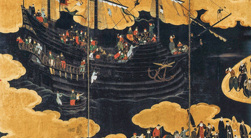 Pintura em biombo feita por Kano Naizen retrata portugueses chegando ao Japão - Domínio Público/Museu Nacional de Arte Antiga