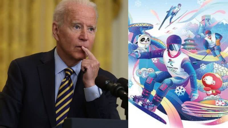 Montagem mostrando Joe Biden (à esquerda) e cartaz de divulgação dos jogos de 2022 (à direita) - Divulgação/ Getty Images/ Comitê Olímpico Internacional