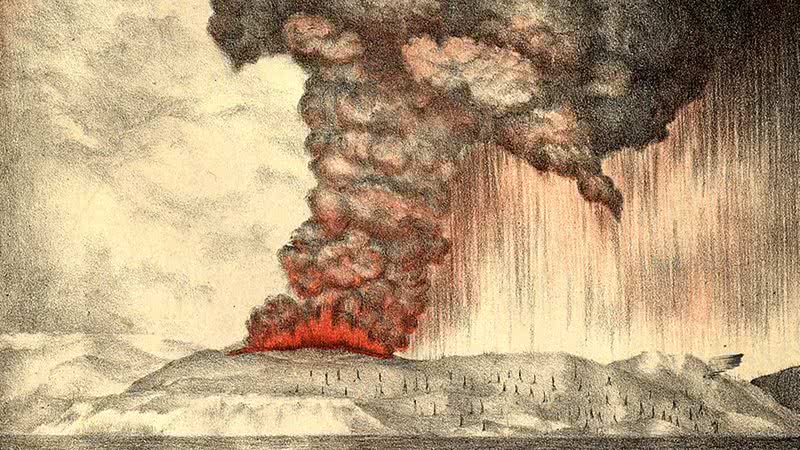 Pintura representando a erupção do Krakatoa - Litografia: Parker & Coward, Grã-Bretanha / Domínio Público, via Wikimedia Commons