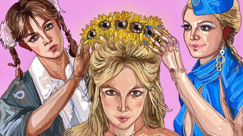 Ilustração de Britney Spears ao lado de personagens icônicos de seus clipes - Arte de Daniel Skripnik (Instagram: daniel.skripnik), todos os direitos reservados