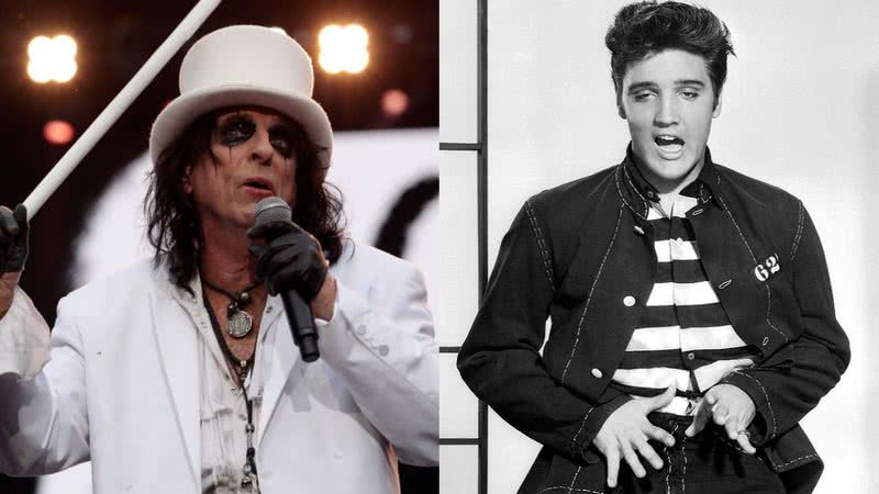 Alice Cooper (esq.) e Elvis Presley (dir.) em montagem - Getty Images (esq.) / Metro-Goldwyn-Mayer/Wikimedia Commons (dir.)