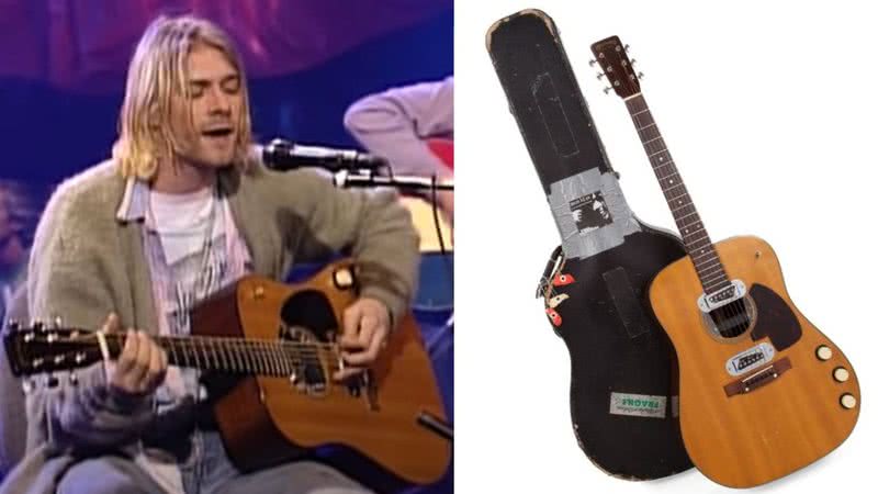 O violão em uso no MTV Unplugged (à esq.) e em fotografia para leilão (à dir.) - Divulgação