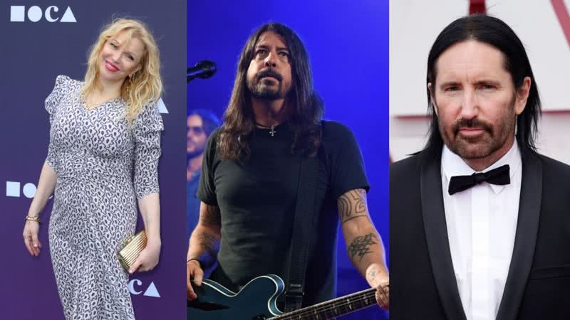 Courtney Love (esq.), Dave Grohl (centro) e Trent Reznor (dir.) em montagem - Getty Images