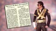 Montagem de Michael Jackson no palco com recorte de jornal anunciando roubo - Getty Images / Reprodução / Folha de S. Paulo