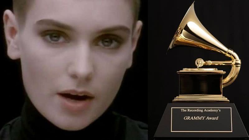 Sinead do clipe de 'Nothing Compares 2 U' (esq.) em montagem com estatueta do Grammy (dir.) - Divulgação