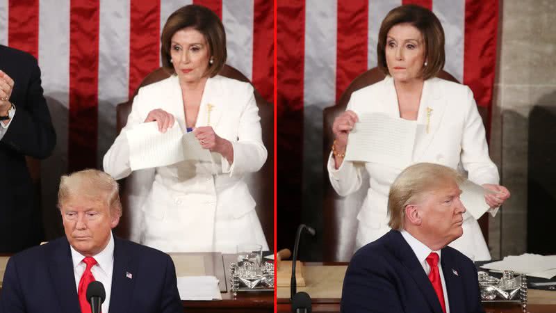 Nancy Pelosi rasgando o discurso de Donald Trump - Getty Images